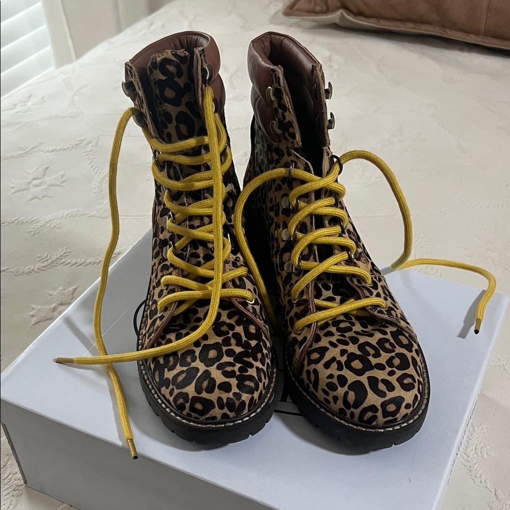 Leopard Print Lace-Up Boots with Yellow Laces